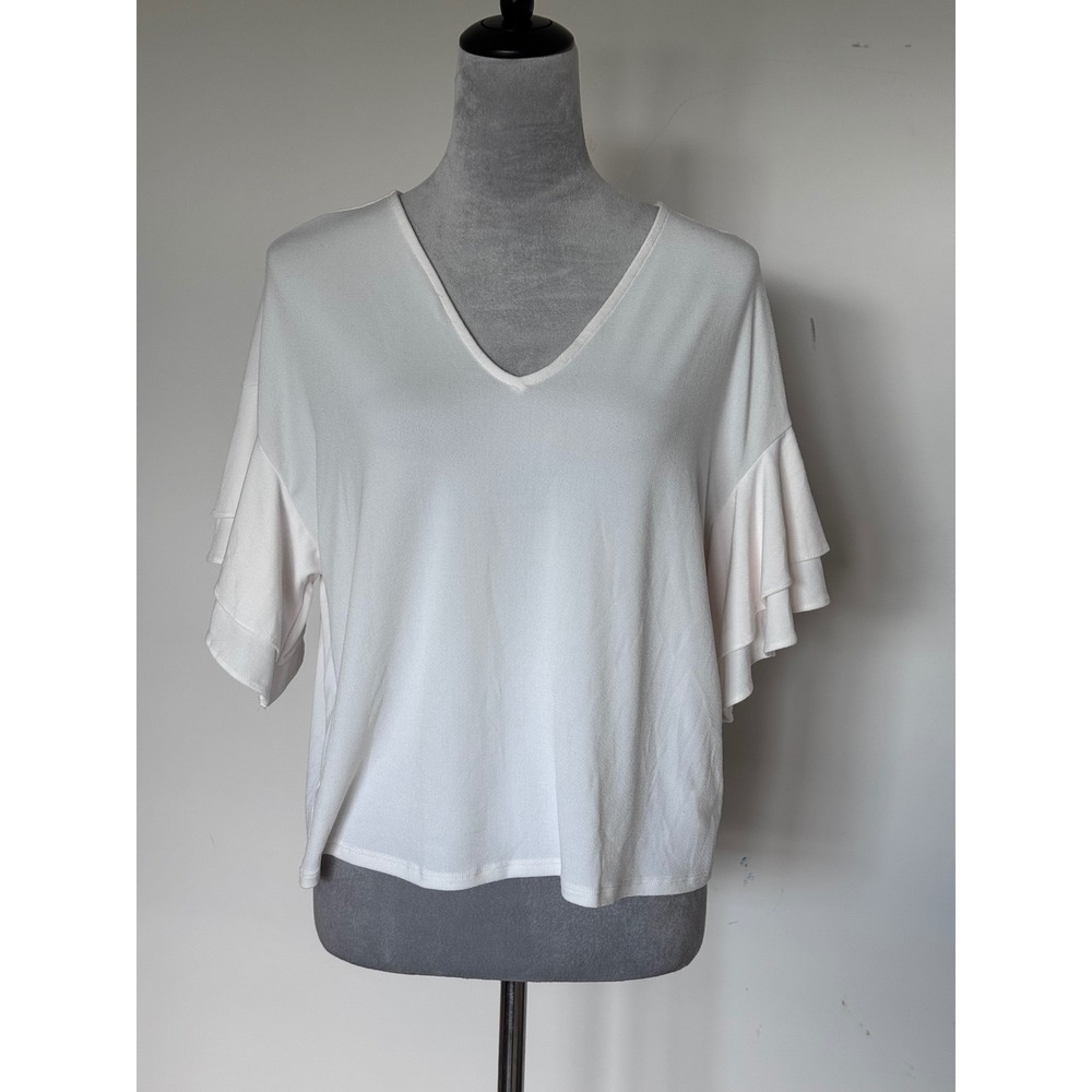 Express Womens White V-Neck Tiered Ruffle Short Sleeve Top Small